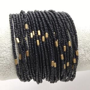 Wide Black Seed Bead Bracelet, 28 Strands, Magnetic Clasp, 7 Inches